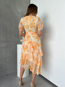 Aida Honey/Yellow Floral Print Frill Evening Dress