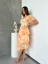 Load image into Gallery viewer, Aida Honey/Yellow Floral Print Frill Evening Dress
