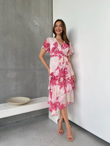 Aida Floral Pink Chiffon X/Over Frill Sleeve Evening Dress