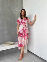 Load image into Gallery viewer, Aida Floral Pink Chiffon X/Over Frill Sleeve Evening Dress