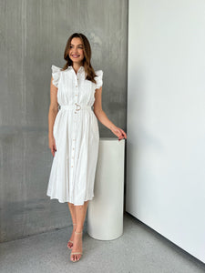 Estelle White Collared Frill Sleeve Pleated Midi Dress