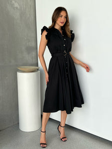 Estelle Black Collared Frill Sleeve Pleated Midi Dress