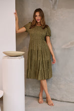 Load image into Gallery viewer, Caroline Khaki Speckled Print Shirred Tiered Dress