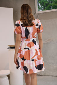 Donna Orange/Pink/Beige Abstract Frill Dress