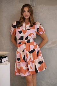 Donna Orange/Pink/Beige Abstract Frill Dress