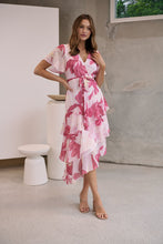 Load image into Gallery viewer, Aida Floral Pink Chiffon X/Over Frill Sleeve Evening Dress