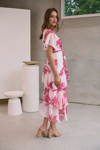 Aida Floral Pink Chiffon X/Over Frill Sleeve Evening Dress