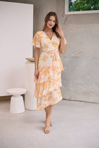 Aida Honey/Yellow Floral Print Frill Evening Dress