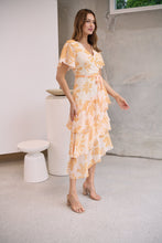 Load image into Gallery viewer, Aida Honey/Yellow Floral Print Frill Evening Dress