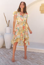 Load image into Gallery viewer, Aida Green Multi Floral Print Frill Evening Dress
