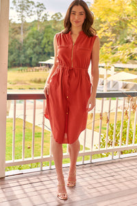 Alma Midi Rust Linen Look Zip Front Dress
