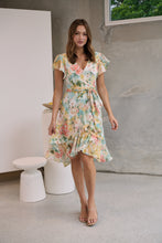 Load image into Gallery viewer, Aida Green Multi Floral Print Frill Evening Dress