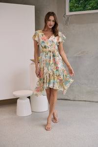 Aida Green Multi Floral Print Frill Evening Dress
