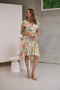 Aida Green Multi Floral Print Frill Evening Dress