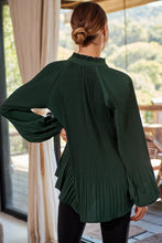 Load image into Gallery viewer, Estrella Pleated Forrest Green Chiffon Tie Neck Shirt