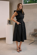 Load image into Gallery viewer, Estelle Black Collared Frill Sleeve Pleated Midi Dress