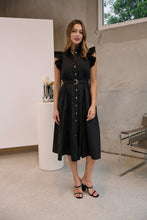 Load image into Gallery viewer, Estelle Black Collared Frill Sleeve Pleated Midi Dress