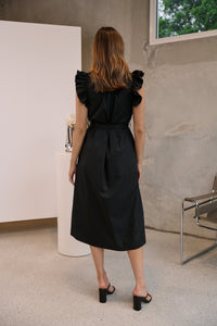 Estelle Black Collared Frill Sleeve Pleated Midi Dress