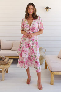 Sadie White/Pink Floral Print Maxi Dress