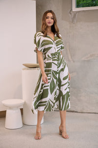 Gertrude Sage/White Abstract Print Button Front Midi Dress