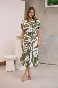 Gertrude Sage/White Abstract Print Button Front Midi Dress