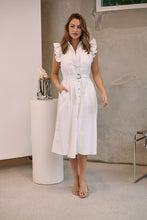 Load image into Gallery viewer, Estelle White Collared Frill Sleeve Pleated Midi Dress
