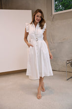 Load image into Gallery viewer, Estelle White Collared Frill Sleeve Pleated Midi Dress