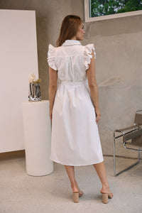 Estelle White Collared Frill Sleeve Pleated Midi Dress