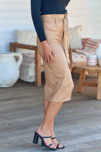 Allison Faux Beige Leather Tie Front Skirt