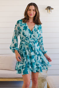 Lara Chiffon Teal/ Green Floral Evening Dress