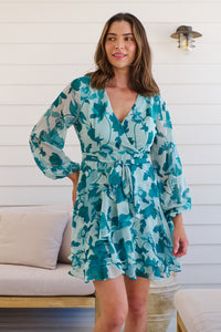 Lara Chiffon Teal/ Green Floral Evening Dress