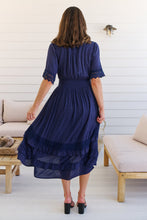 Load image into Gallery viewer, Alize Lace Detail Shirred Waist Swiss Dot Navy Midi Dress