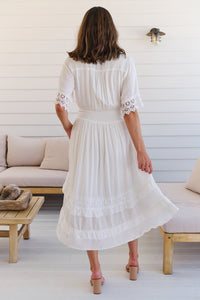 Alize Lace Detail Shirred Waist Swiss Dot Midi Dress