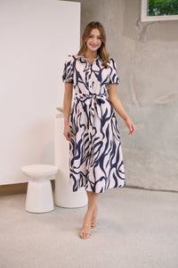 Margaret Navy Blue/Blush Mist Abstract Print Button Front Midi Dress