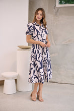 Load image into Gallery viewer, Margaret Navy Blue/Blush Mist Abstract Print Button Front Midi Dress