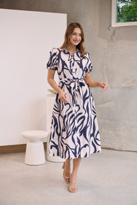 Margaret Navy Blue/Blush Mist Abstract Print Button Front Midi Dress