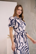 Load image into Gallery viewer, Margaret Navy Blue/Blush Mist Abstract Print Button Front Midi Dress