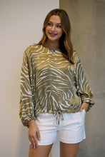Load image into Gallery viewer, Riva Taupe/White Print Long Sleeve Drawstring Top