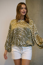 Load image into Gallery viewer, Riva Taupe/White Print Long Sleeve Drawstring Top