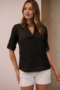 Brialla Black Satin Roll sleeve shirt