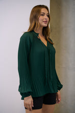 Load image into Gallery viewer, Estrella Pleated Forrest Green Chiffon Tie Neck Shirt