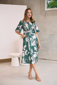 Delaney Green/White Print Button Front Midi Dress