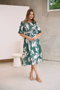 Delaney Green/White Print Button Front Midi Dress