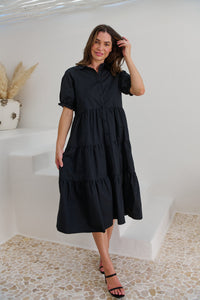 Nyomi Puff Sleeve Black Button Midi Tiered Dress