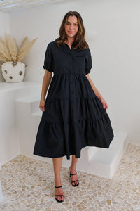 Nyomi Puff Sleeve Black Button Midi Tiered Dress