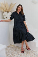 Load image into Gallery viewer, Nyomi Puff Sleeve Black Button Midi Tiered Dress