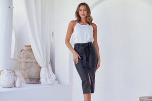 Allison Faux Black Leather Tie Front Skirt