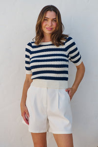 Fiona Navy/White Crop Knit Stripe Jumper
