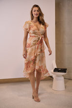 Load image into Gallery viewer, Aida Peach/Orange Floral Print Frill Evening Dress