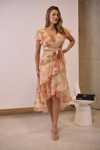 Load image into Gallery viewer, Aida Peach/Orange Floral Print Frill Evening Dress